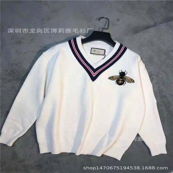 g family 2020, the same style of european and american college style contrast color striped sweater v-neck bee embroidery loose versatile sw, Black
g family 2020, the same style of european and american college style contrast color striped sweater v-neck bee embroidery loose versatile sw, Black