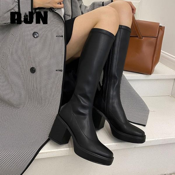 rjn concise style solid white knee-high boots woman genuine leather high platform slim round toe high chunky heel shoe ro504, Black
rjn concise style solid white knee-high boots woman genuine leather high platform slim round toe high chunky heel shoe ro504, Black