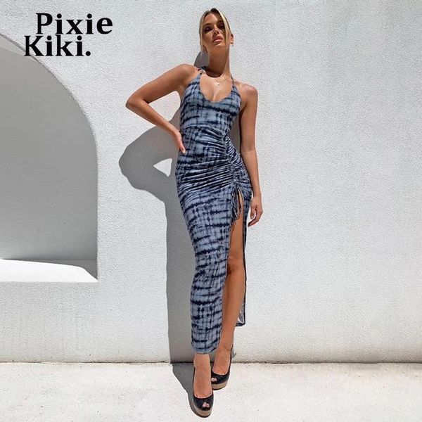 casual dresses pixiekiki blue tie dye halter backless high split maxi for women party night club outfits bodycon dress p83-cz21, Black;gray