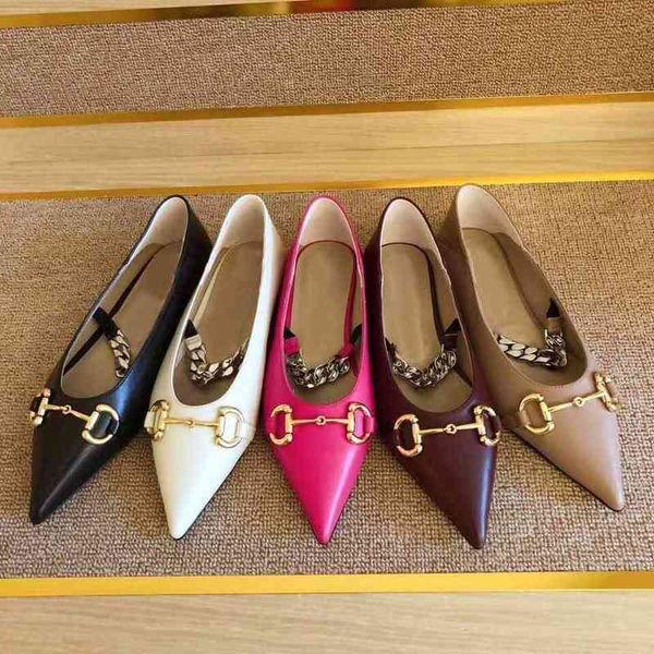 35-41 genuine size leather metal buckle ballet flats shallow mouth large size fashion women's shoes designer pointed toe, Black
