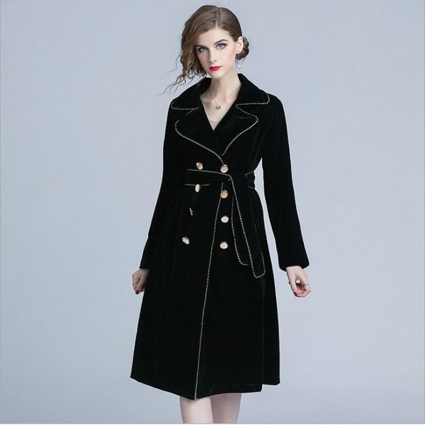 new women turn down collar double breasted black long trench coat autumn winter long velvet coat womens designer runway outwear, Tan;black
new women turn down collar double breasted black long trench coat autumn winter long velvet coat womens designer runway outwear, Tan;black