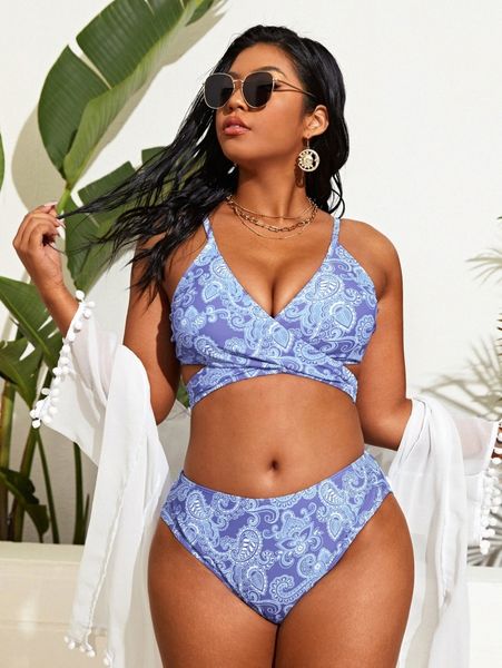 plus paisley print wrap bikini swimsuit m86x#, Black