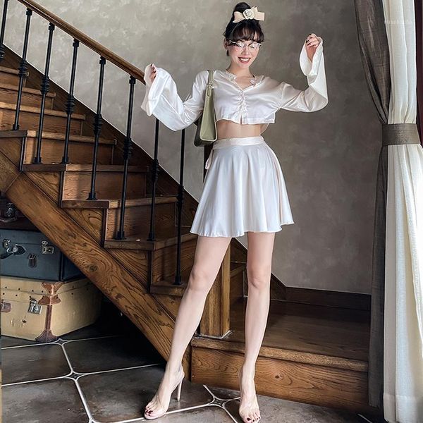 2020 new ice cream white satins long sleeve loose short shirt + mini skirt 2 piece set women single breasted women's sets1
2020 new ice cream white satins long sleeve loose short shirt + mini skirt 2 piece set women single breasted women's sets1