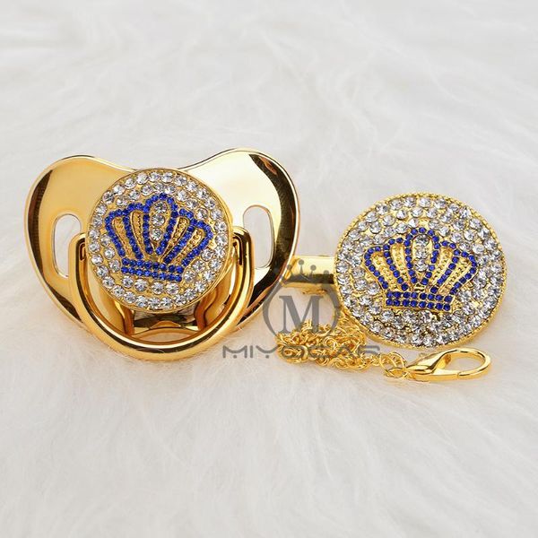 Miyocar Gold Beautiful Gold Bling Blue Crown Pacifier And Pacifier Clip Set Bpa Dummy Bling Unique Design Abcb-8