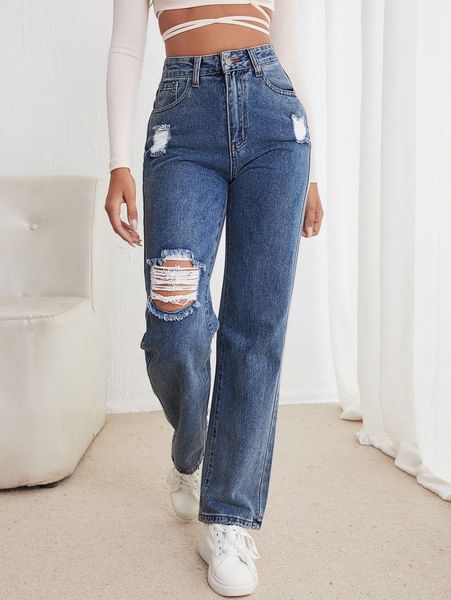 high waist straight leg ripped jeans k9uj#, Blue
high waist straight leg ripped jeans k9uj#, Blue