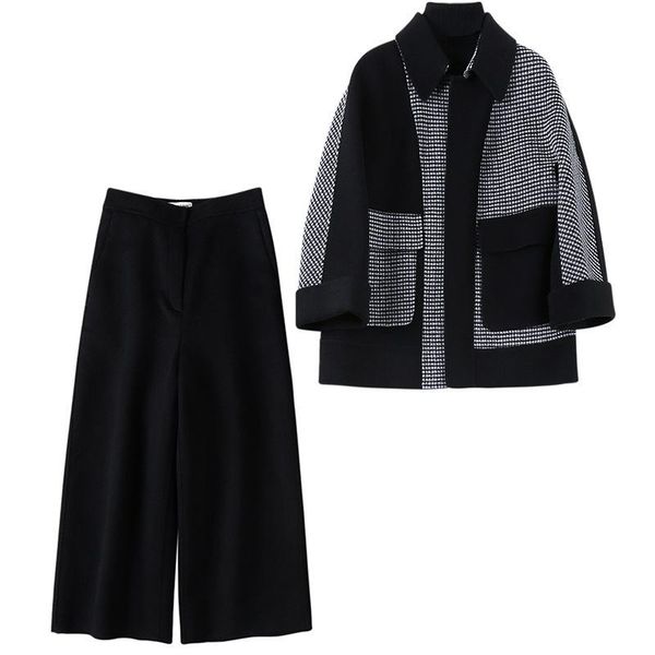 women's wool & blends autumn and winter woolen two-piece trousers plaid jacket wide-leg pants casual fashion ladies suit, Black
women's wool & blends autumn and winter woolen two-piece trousers plaid jacket wide-leg pants casual fashion ladies suit, Black