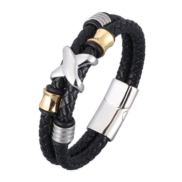 charm bracelets diy double layer men male genuine leather bangles trendy stainless steel chain link handmade bb0949, Golden;silver 
charm bracelets diy double layer men male genuine leather bangles trendy stainless steel chain link handmade bb0949, Golden;silver