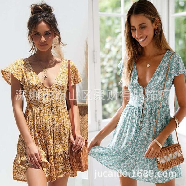 2019 women's new summer v-neck small flower beach fashion dress, Black;gray