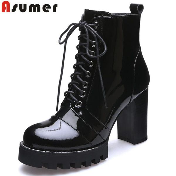 2020 new genuine leather boots women thick high heels lace up platform boots patent leather autumn winter ankle for women, Black
2020 new genuine leather boots women thick high heels lace up platform boots patent leather autumn winter ankle for women, Black