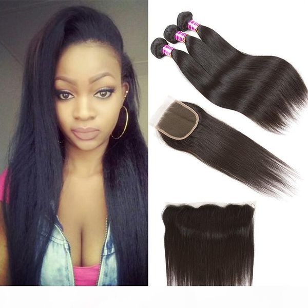 

10a brazilian virgin hair with closure extensions 3 bundles peruvian indian straight human hair bundles with lace frontal ear to ear natural, Black;brown