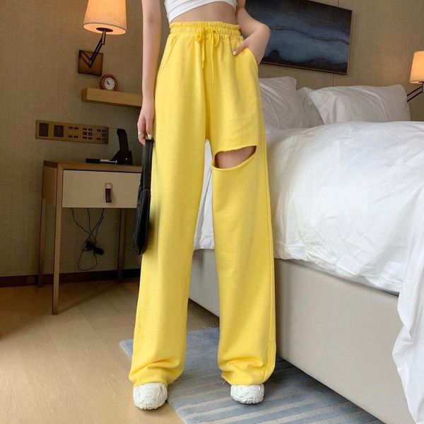 women's pants & capris fashion woman hole streetwear straight loose trousers pockets bandage high waisted jogger outfits sweatpants, Black;white 
women's pants & capris fashion woman hole streetwear straight loose trousers pockets bandage high waisted jogger outfits sweatpants, Black;white