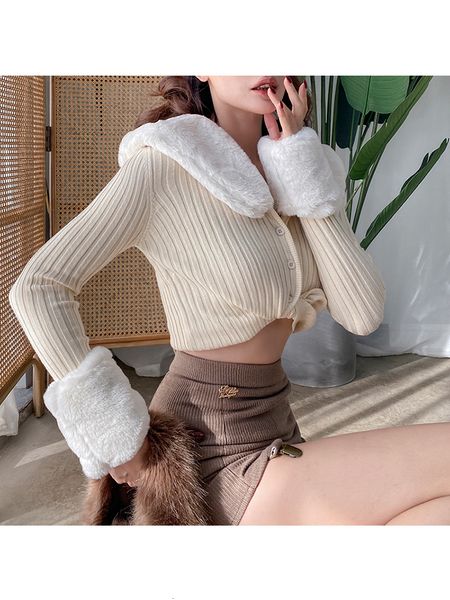 2021 new vintage 3-color fur collar short tight women's winter clothes v woman's neck long sleeve crocheted cardigan cut jmi3, White;black
2021 new vintage 3-color fur collar short tight women's winter clothes v woman's neck long sleeve crocheted cardigan cut jmi3, White;black
