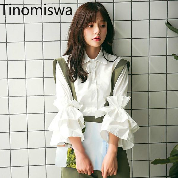 women's blouses & shirts tinomiswa ruffles pleated blouse women korean turn down collar flare sleeve blusa sweet single breasted office, White
women's blouses & shirts tinomiswa ruffles pleated blouse women korean turn down collar flare sleeve blusa sweet single breasted office, White