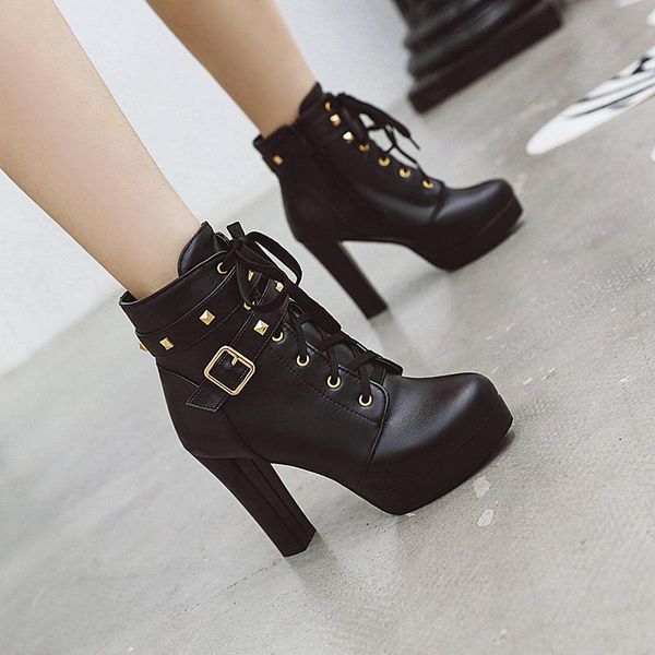 boots street motorcycle comfortable round toe ankle fashion rivets lace-up buckle zipper platform high heels women's shoes, Black
