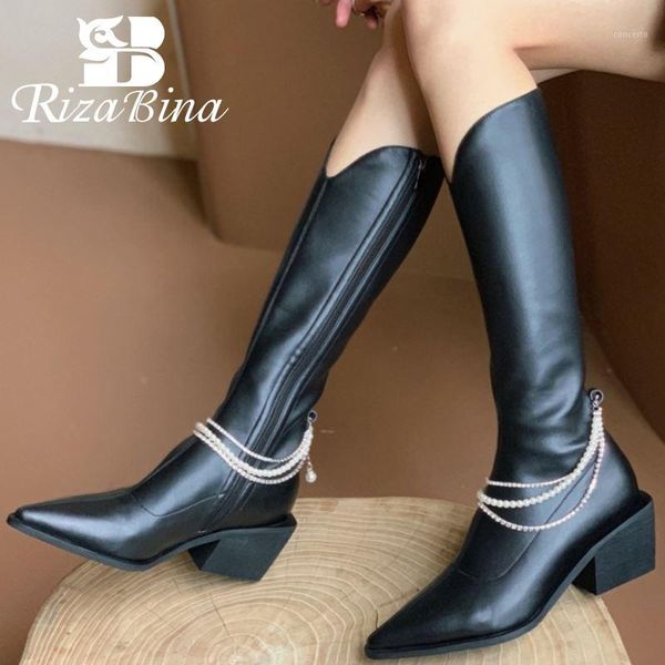rizabina women shoes knee high boots pointed toe thick heel zipper pearl chain street party shoes female footwear size 33-401, Black
rizabina women shoes knee high boots pointed toe thick heel zipper pearl chain street party shoes female footwear size 33-401, Black