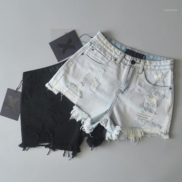 new high waist burr broken hole beggar cowboy short pants student's large loose pants women a21, Blue 
new high waist burr broken hole beggar cowboy short pants student's large loose pants women a21, Blue