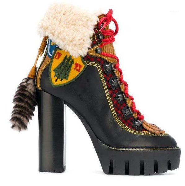 woman winter chunky high heel lace up ankle boots real p woman high lace up chunky heel ankle boots1, Black