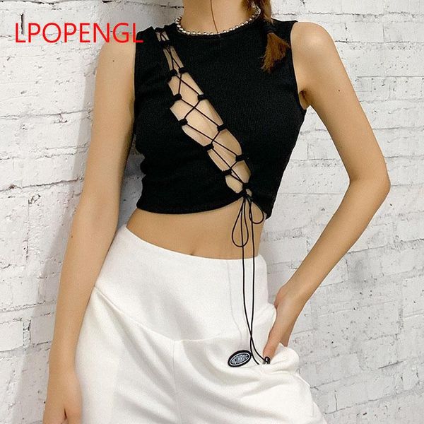 women's t-shirt e-girl fashion hollow out bandage black mall goth y2k lace-up ribbed o-neck sleeveless streetwear, White
women's t-shirt e-girl fashion hollow out bandage black mall goth y2k lace-up ribbed o-neck sleeveless streetwear, White