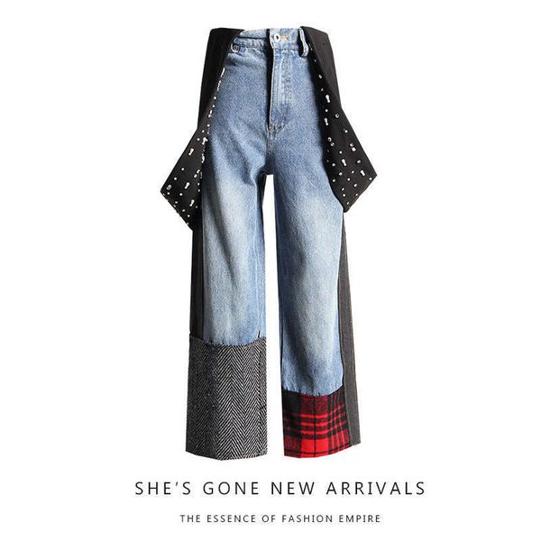 women's back pants autumn 2020 new heavy industry pin bead color contrast stitching students' versatile 9-point wide leg jeans, Blue
women's back pants autumn 2020 new heavy industry pin bead color contrast stitching students' versatile 9-point wide leg jeans, Blue