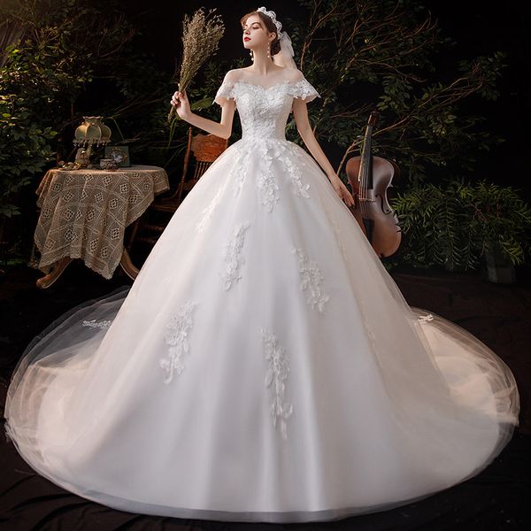 main wedding dress 2022 new bride one-word shoulders trailing dream temperament knot, White
main wedding dress 2022 new bride one-word shoulders trailing dream temperament knot, White