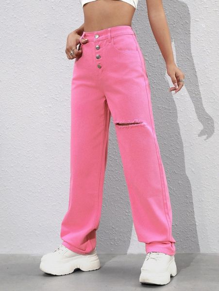 high waist ripped straight leg jeans e63s#, Blue