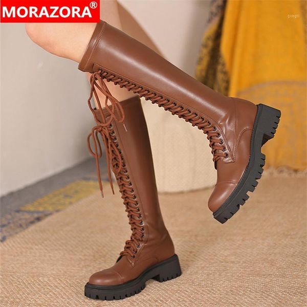 boots morazora 2021 arrival fashion knee high genuine leather square heels round toe lace up winter1, Black