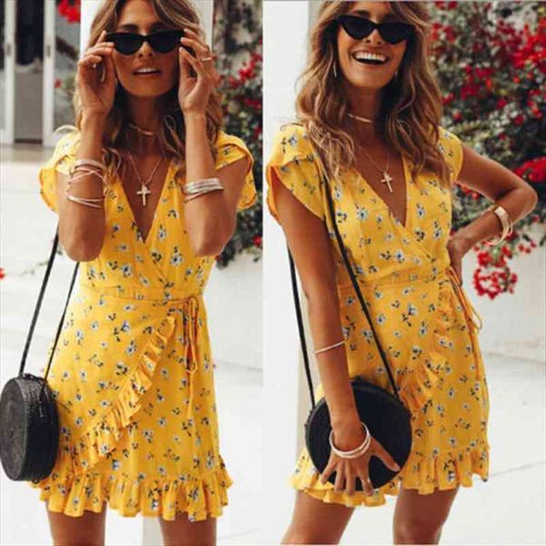 summer vintage women mini dress yellow floral wrap deep v-neck short sleeve beach dresses ruffles party short sundress, Black;gray
summer vintage women mini dress yellow floral wrap deep v-neck short sleeve beach dresses ruffles party short sundress, Black;gray