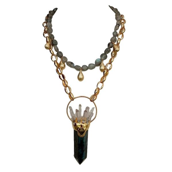 yying natural gray brass gold color chain statement necklace labradorite quartz point pendant 18" q1209, Bronze;silver
yying natural gray brass gold color chain statement necklace labradorite quartz point pendant 18" q1209, Bronze;silver