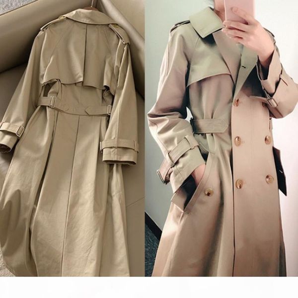 khaki double-breasted trench coat women 2020 spring lapel long windbreaker femme clothes loose cloak dust coat autumn outwear 95, Tan;black