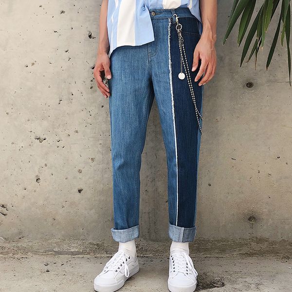 2021 new original unilateral blue mosaic jeans korean version of casual tendency slacks straight ckf4