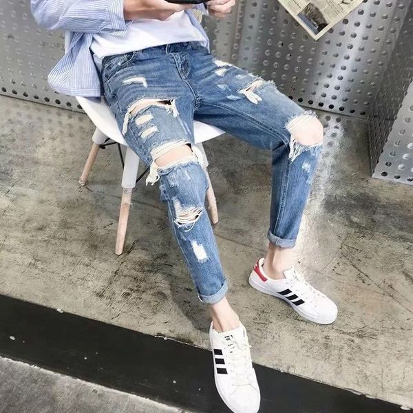 big hole jeans men's trendy brand handsome t thin korean trend slim pants beggars scrape 9 points, Blue
big hole jeans men's trendy brand handsome t thin korean trend slim pants beggars scrape 9 points, Blue