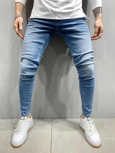men slant pocket solid skinny jeans l4yw#, Blue