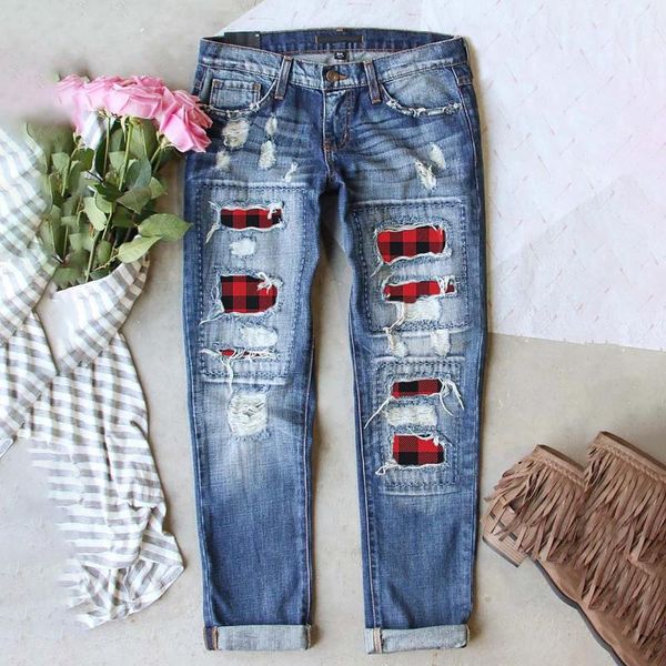 women's 2021 new fashion casual colorful check pattern patchs excoriation pockets high-waisted daily jeans straight-leg trousers, Blue
women's 2021 new fashion casual colorful check pattern patchs excoriation pockets high-waisted daily jeans straight-leg trousers, Blue