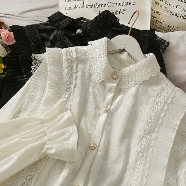 2020 latest lace stitching gold velvet single-breasted cardigan women's fall and winter lapels bell sleeve loose shirt1, White
2020 latest lace stitching gold velvet single-breasted cardigan women's fall and winter lapels bell sleeve loose shirt1, White