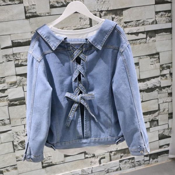 women's jackets 2021 spring single-breasted long-sleeved back strap bow knot jeans cardigan short denim jacket coats woman, Black;brown
women's jackets 2021 spring single-breasted long-sleeved back strap bow knot jeans cardigan short denim jacket coats woman, Black;brown
