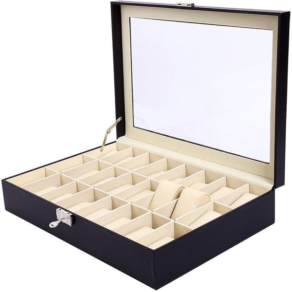 24 Slot Pu Leather Watch Box Watches Case Jewelry Display Storage Organizer Box With Key & Lock Glass Gift For Men Women Mx200810