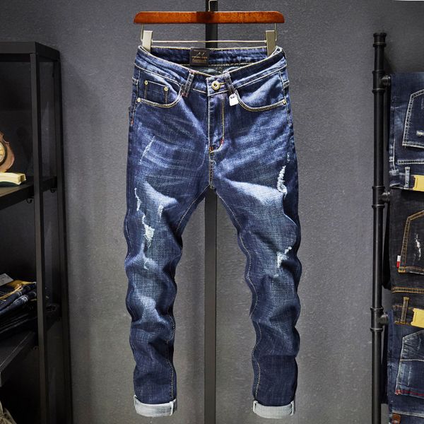 new men's hole fashion casual moto jeans slim fit straight denim pants distressed trousers, Blue