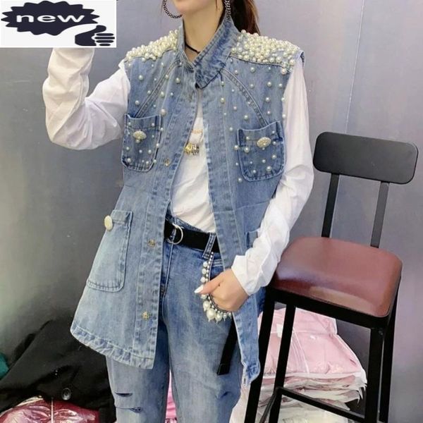 women pearls denim vest loose single breasted sleeveless jean jacket multi-pockets beading blue office medium-long waistcoat, Black;white
women pearls denim vest loose single breasted sleeveless jean jacket multi-pockets beading blue office medium-long waistcoat, Black;white