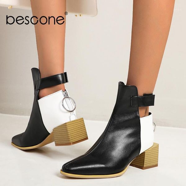 bescone snake pattern patchwork hollow out ankle boots woman big size buckle strap med square wooden heel shoe bm661, Black 
bescone snake pattern patchwork hollow out ankle boots woman big size buckle strap med square wooden heel shoe bm661, Black