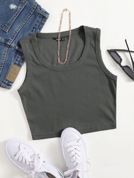 scoop neck solid tank y8kg#, White