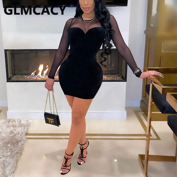 casual dresses women long sleeve mesh bodycon dress velvet patchwork slim party, Black;gray