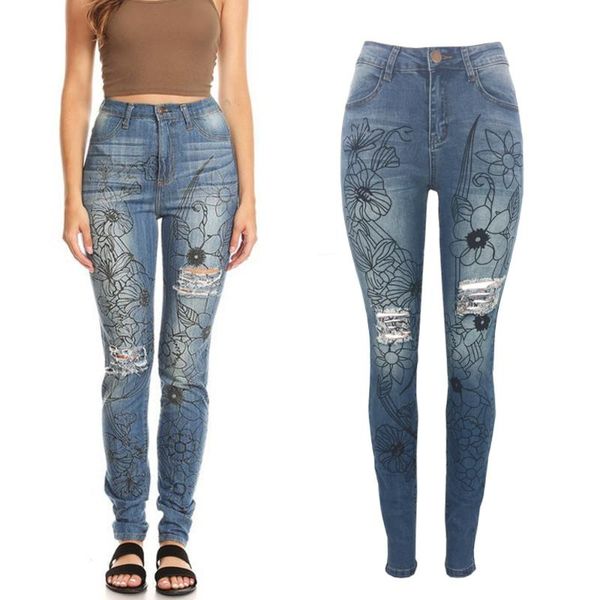 jeans woman blue high waist jeans slim high waist printing summer hole pencil pants skinny woman