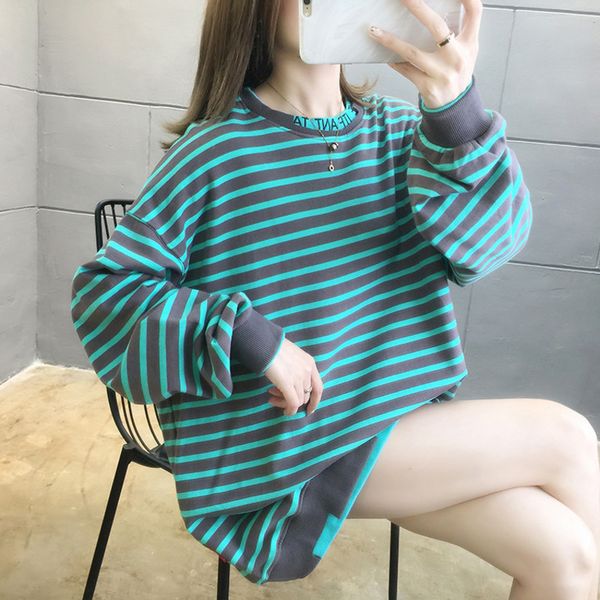 autumn 2020 new round neck stripe super fire cec sweater loose korean fake two women's coats, Black
autumn 2020 new round neck stripe super fire cec sweater loose korean fake two women's coats, Black