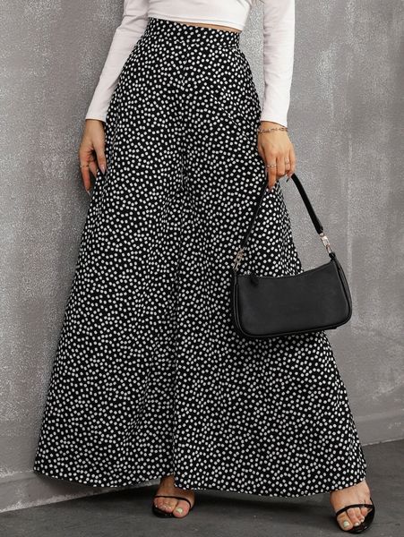 ditsy floral print wide leg pants 347x#, Black;white