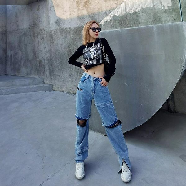 european spring new jeans zipper open fork dew knee female personality leisure pants of mop the floor, Blue
european spring new jeans zipper open fork dew knee female personality leisure pants of mop the floor, Blue