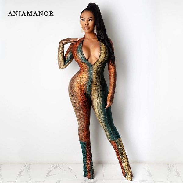 anjamanor fashion printed jumpsuits for women 2020 clubwear zip long sleeve bodycon one piece outfit stacked pants d42-da361, Black;white
