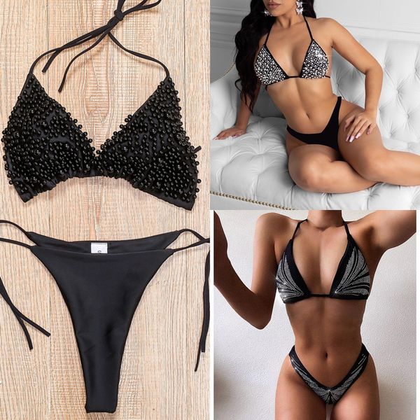 pearl bikini women 2020 deep v swimsuit female swimwear thong push up bikini set low waist bathing suits summer beach wear y1120, White;black 
pearl bikini women 2020 deep v swimsuit female swimwear thong push up bikini set low waist bathing suits summer beach wear y1120, White;black