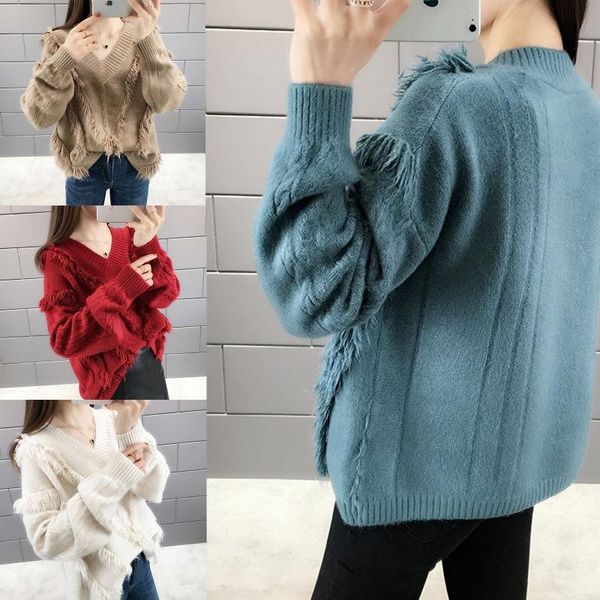 women long sleeve v-neck knitted sweater sweet style solid color tassel pullover, White;black
women long sleeve v-neck knitted sweater sweet style solid color tassel pullover, White;black