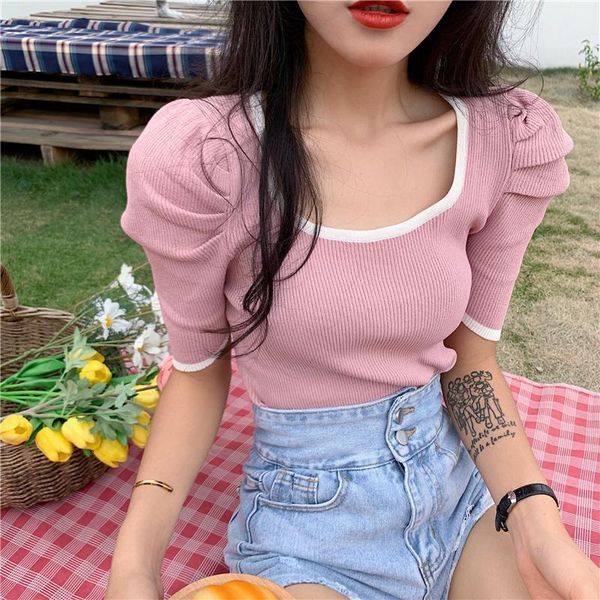 women short puff sleeve tee shirts lady fashion patched square collar knit stretchy chic crop t-shirts for girls summer, White
women short puff sleeve tee shirts lady fashion patched square collar knit stretchy chic crop t-shirts for girls summer, White