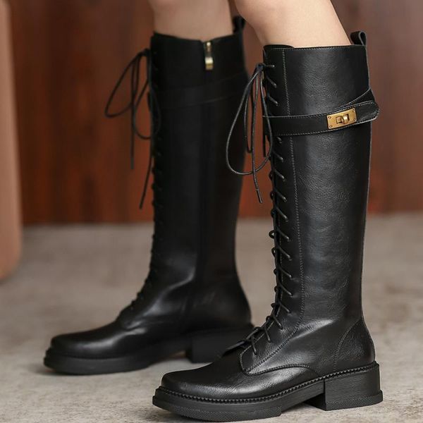 women's genuine leather lace-up winter knee high boots round toe lace-up punk motorcycle boots metal buckle warm plush shoes hot, Black
women's genuine leather lace-up winter knee high boots round toe lace-up punk motorcycle boots metal buckle warm plush shoes hot, Black